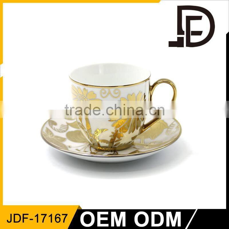 Janpanese style flower cup and yellow saucers for tea coffee with golden lace