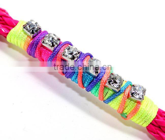 clear crystal chain on woven leather friendship bracelet rhinestone chain hand woven in silk cord boho chic trendy bracelet
