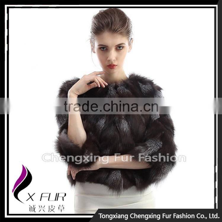 CX-G-A-228 New Fashion Women Patchwork Silver Fox Fur Coat