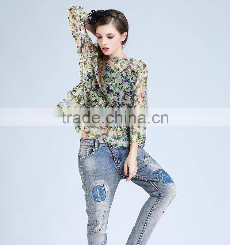 2015 HOYUGO summer organza printed sexy blouses