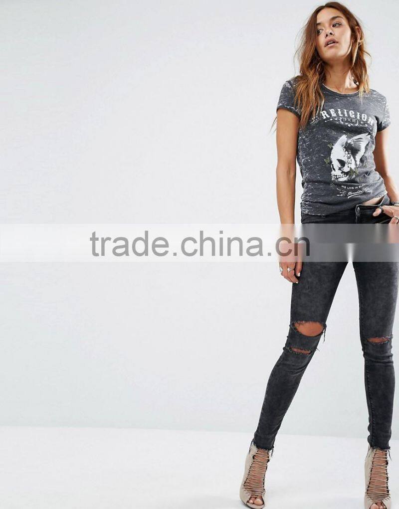 2016 new product custom t-shirt 50% Cotton 50% Polyester T-shirt for girls black skull print