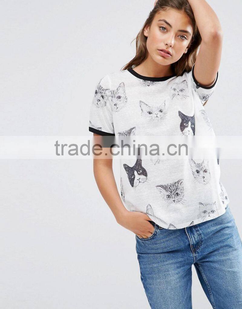 Wholesale China fashion design cheap 100% polyester t shirt for women with cat print