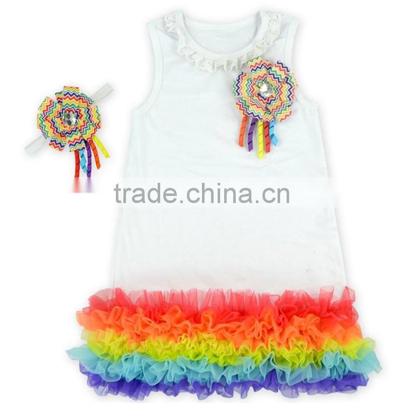 Summer Girls Sleeveless White Above Knee Dress With Colorful Rainbow Tulle Hem