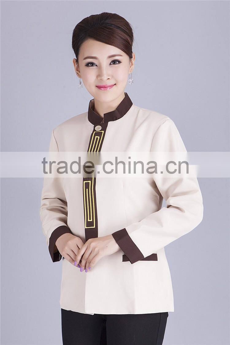 Juqian Wholesale cheap beige fashional design korean collar anti-foul hotel cleaner workwear work uniform