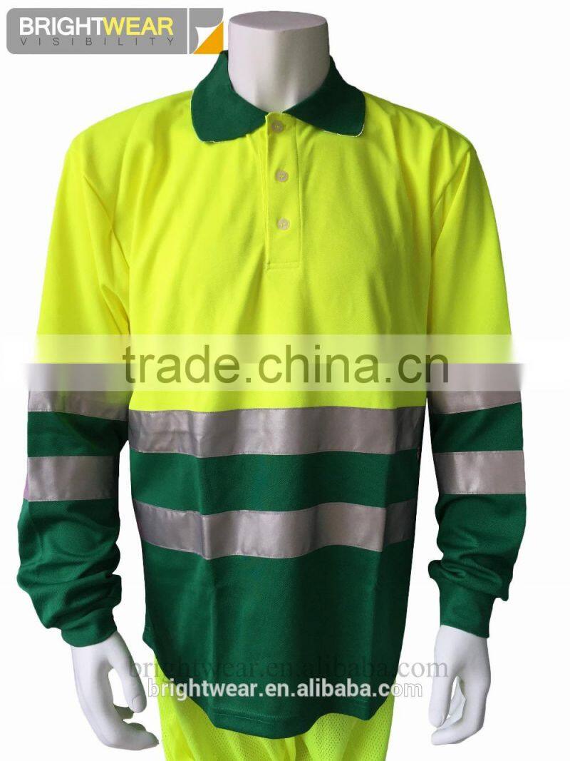 Fluorescent long sleeve hi vis safety Europe birdeye polyester mens reflective polo shirt