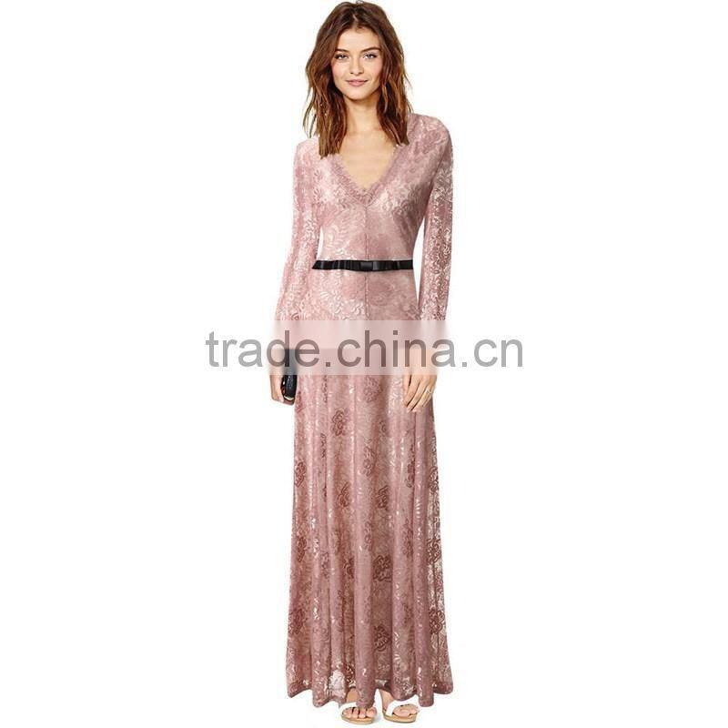 2016 Elegant Long Sleeve Women Dresses Sexy Lace V-Neck Evening Party Dress For OEM