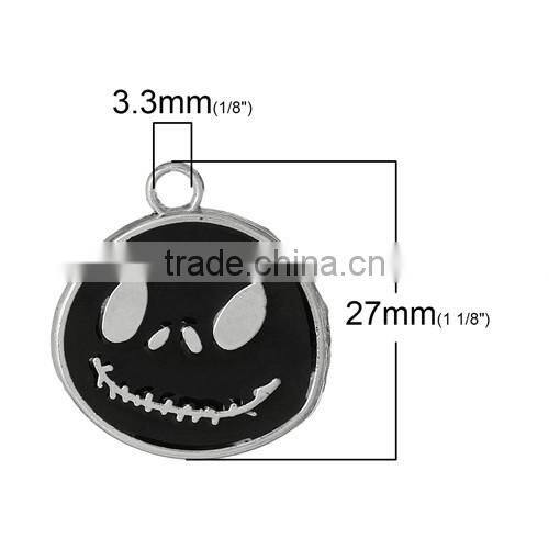 Charm Pendants Nightmare Before Christmas Halloween Skull Silver Tone Enamel Black 27.0mmx25.0mm