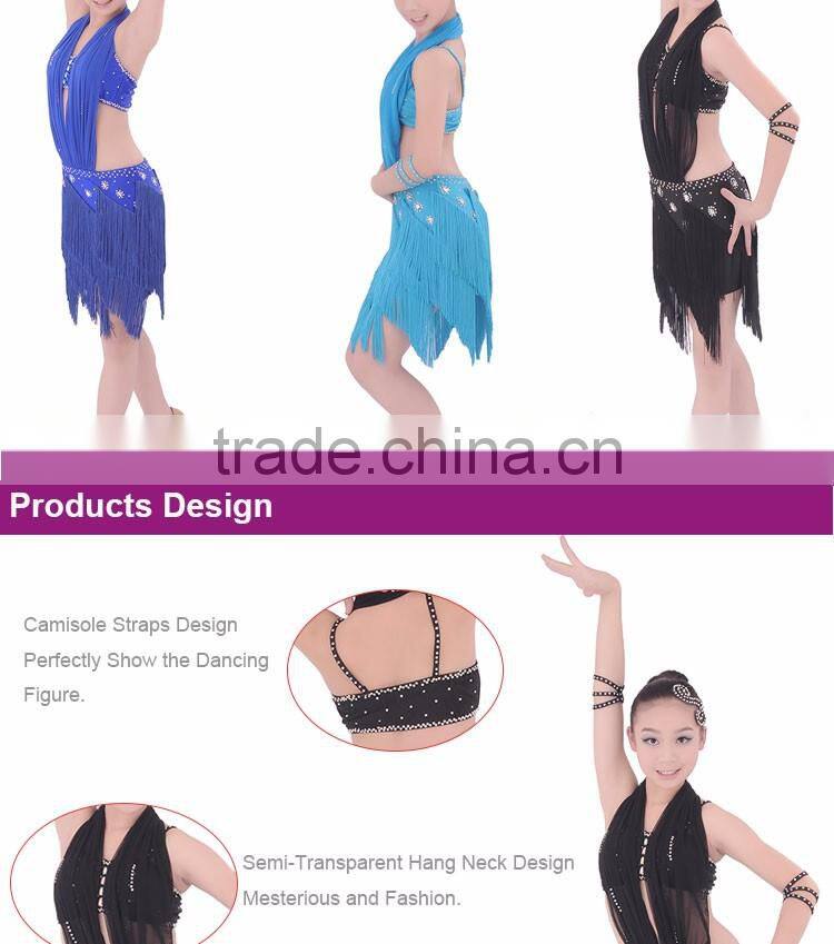 Black Fringe Salsa Competition Dress Hang Neck Girls Latin Dance Wear