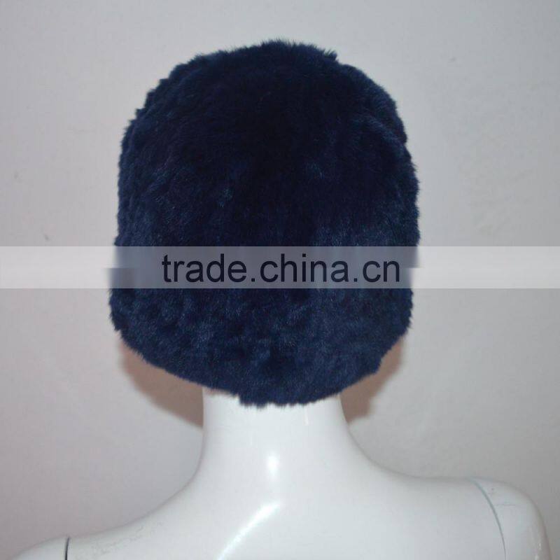 SJ607-02 Dark Blue High Quality Elastic Rex Rabbit Knitting Winter Hats with Fur