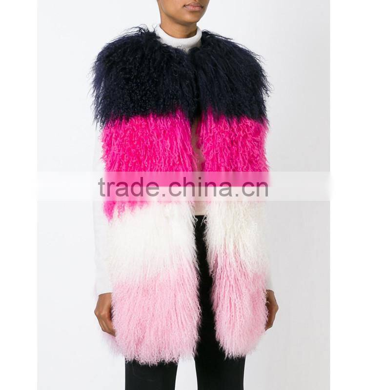 SJ206-01 Combined Colorful Lamb Fur Vest Mongolian from China Real Fur Vest for Women 2016