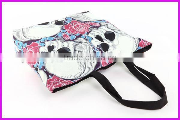 2014 fashion skull printed stripe canvas beach tote bag wholesale