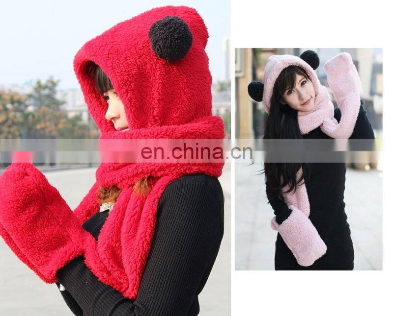 Christmas Present Warm Winter Fluffy Earflap Hooded Scarf Hat Glove