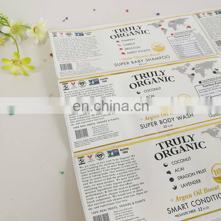 Cheap price organic food bottle labels sticker plastic sticker with gold stamping