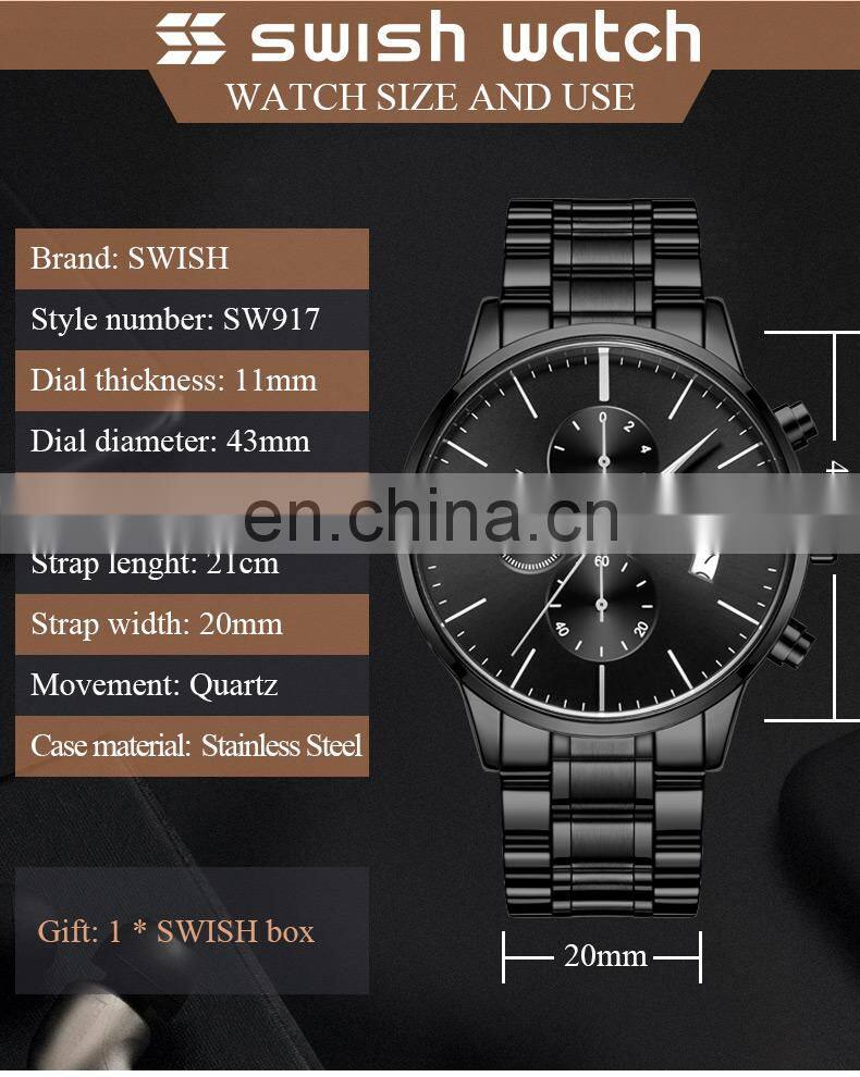 SWISH SW917 Brand Men's Watch Imported Quartz Movement Rolling Date 30M Waterproof Simple Wind Stainless Steel Men Sports Watch