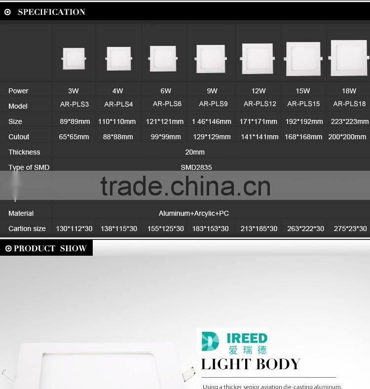 12W square LED Recessed panel light,6000k(Day white), AC85-265V, Factory Price