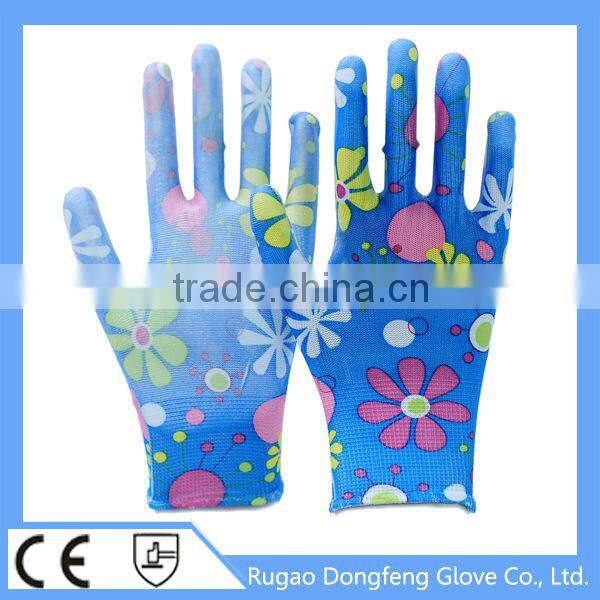 High Performance Polyester Printing Transparent Nitrile Coated Gardening Gloves
