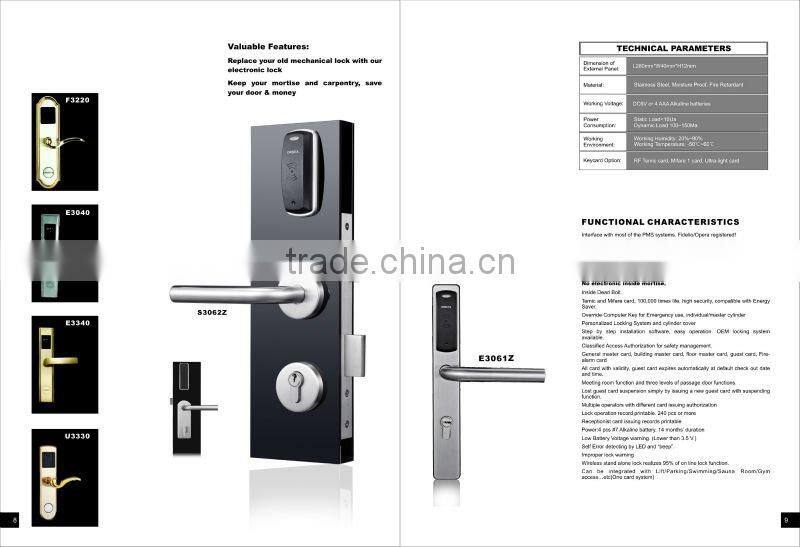Europe standard stainless steel electronic locks for hotel using(software,encoder,card,power saver switch)