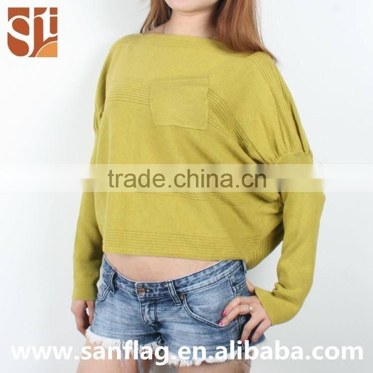 Fashion style ladies' crew neck dolman sleeve with pocket in the front pullover pattern knitted sweater from dongguan sanflag
