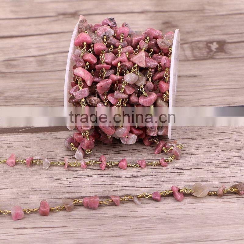 New Bronze Wire Wrapped Pink Gemstone Chips Beads Link Rosary Chains Jewelry Findingsry Chains