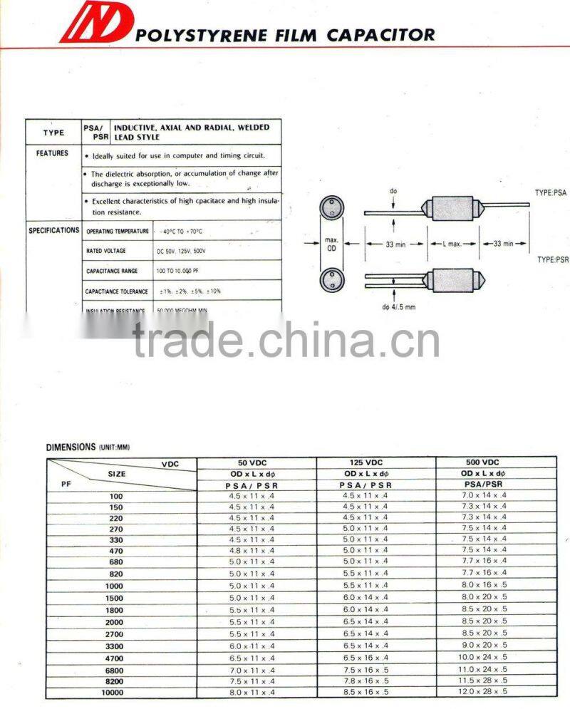 10000pF 50VDC Axial PSA 103J 50VDC Polystyrene Film Capacitor