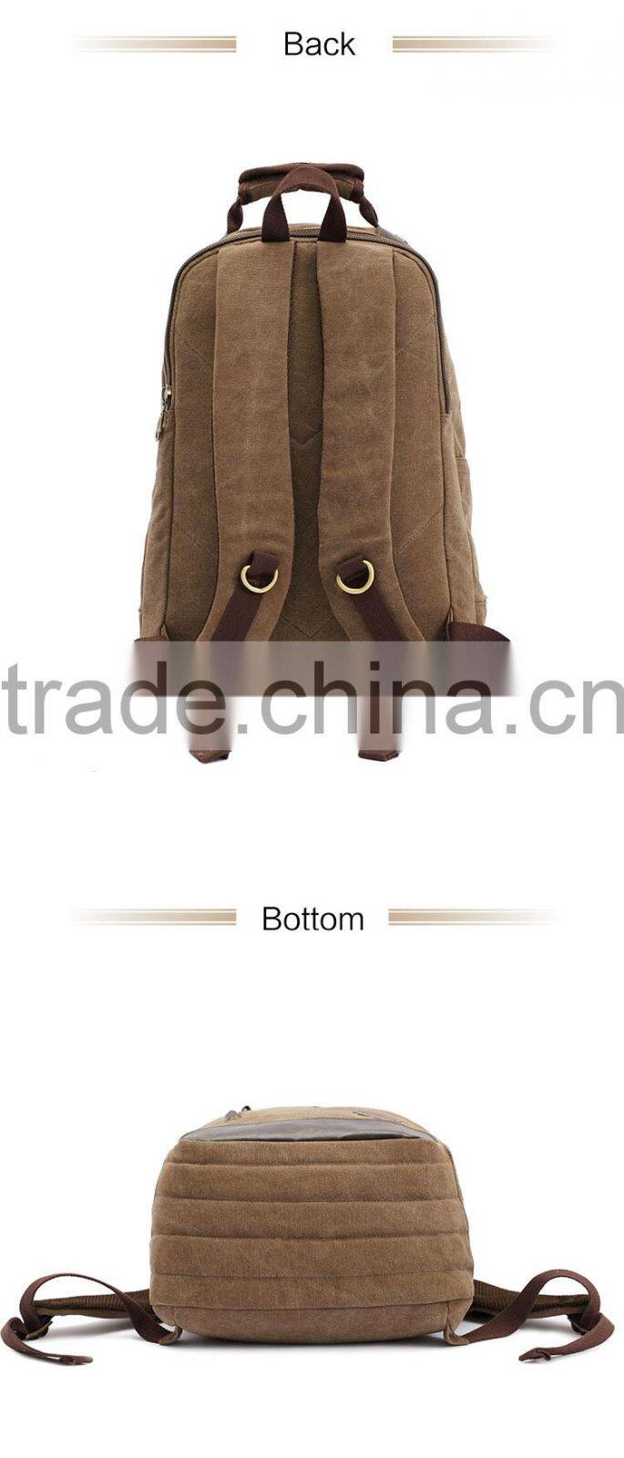 Canvas School Backpack with PU Leather Trim Vintage Rucksack Laptop Satchel Bag Khaki Canvas Backpack Knapsack