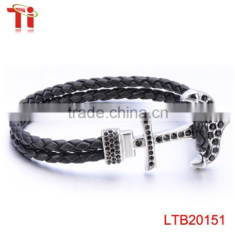 Genuine cow leather silver color bracelet men, zircon diamond jewelry bracelet for men, fashion steel bracelet anchor customized