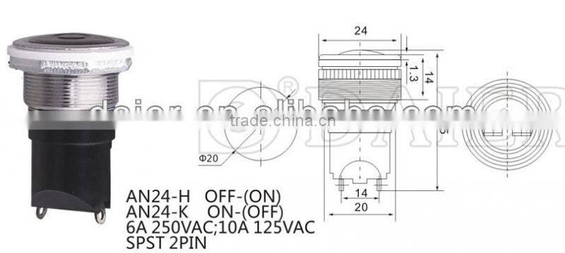 AN24-H OFF-(ON) SPST 2 PIN 20MM push button switch