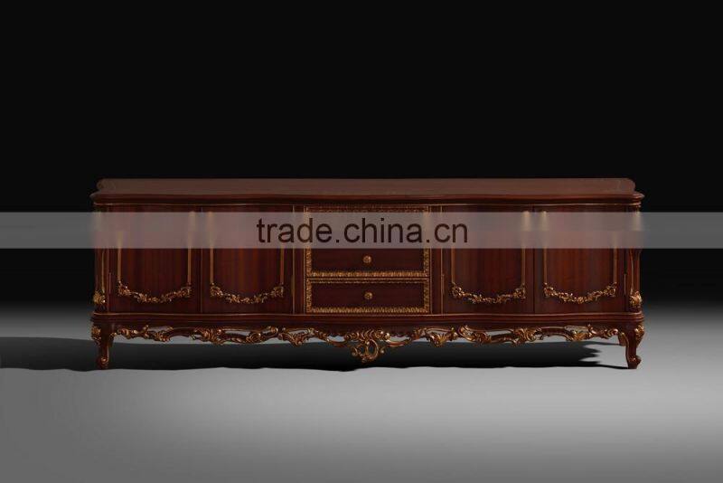 Antique Design Wooden TV Stand with Drawers and Four Doors, Fine Carved Golden Trim Living Room Funiture