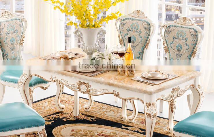 New classic golden flower carving marble top dining table set