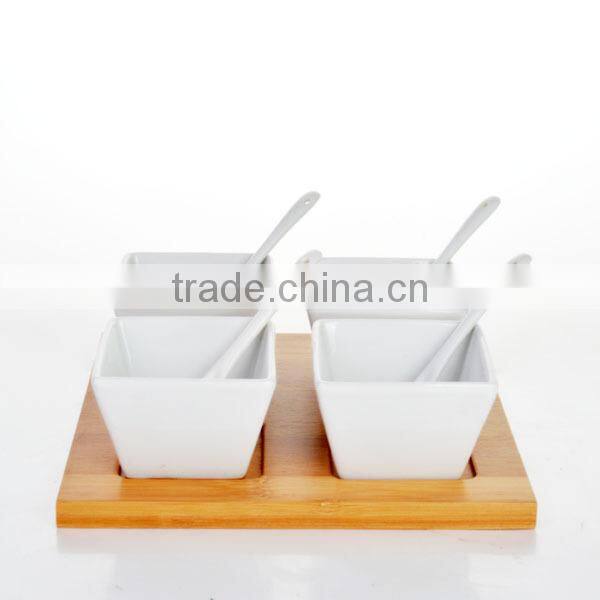 Set of 4 Elegant China appetizers bowl made by white ceramic porcelain with wooden tray