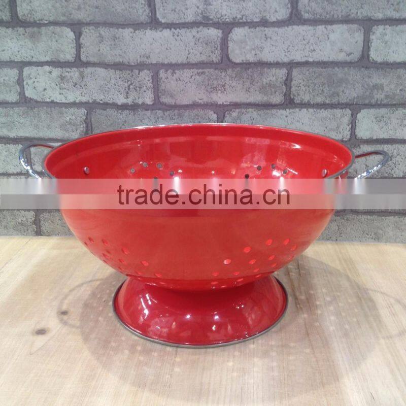 Vintage enamel metal fruit colander vegetable basket kitchen strainer with double handles