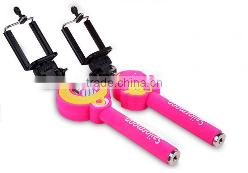 cute cartoon design handheld extendable Cable Take Pole selfie stick/ cartoon monopod
