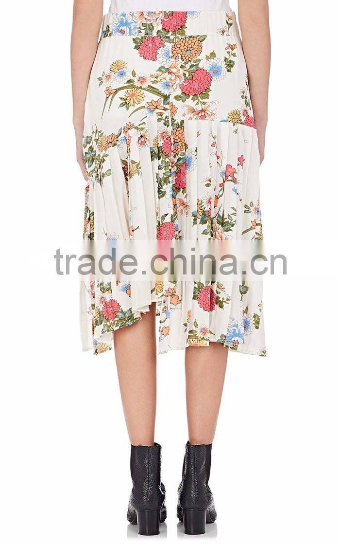 Customized Lady's Apparel Multicolor Asymmetric Hem Pleated Floral Silk Midi Skirt(DQM018S)