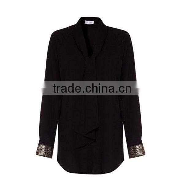 Tops Ladies Rayon Long Sleeve Black Sequin Cuff shirt blouse