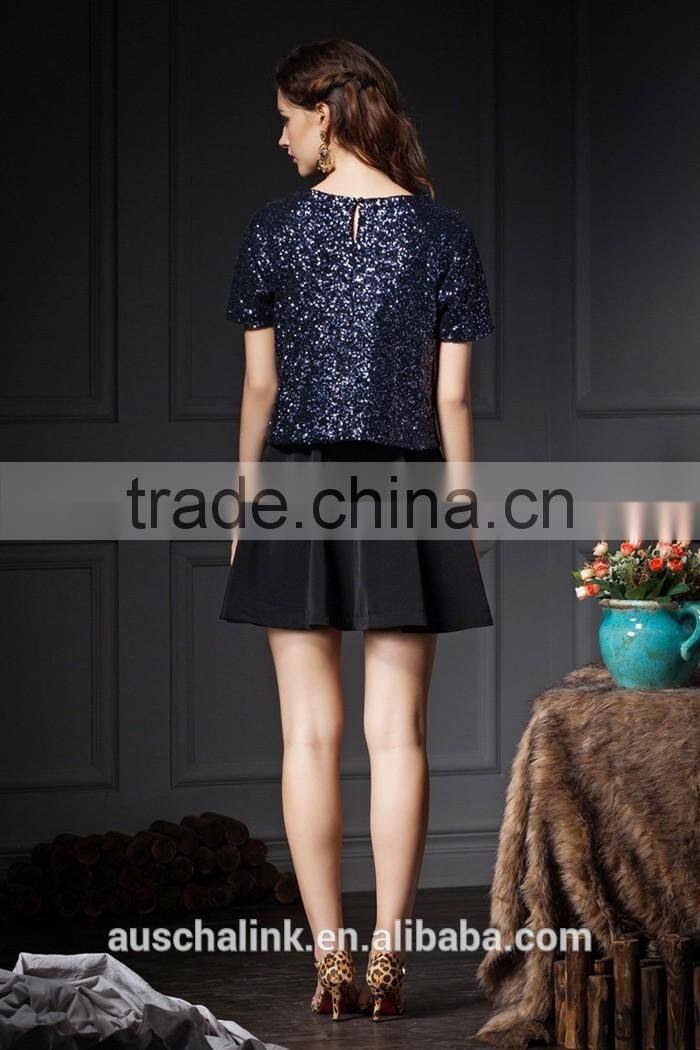 latest design summer hot sequin lady office t shirt low price