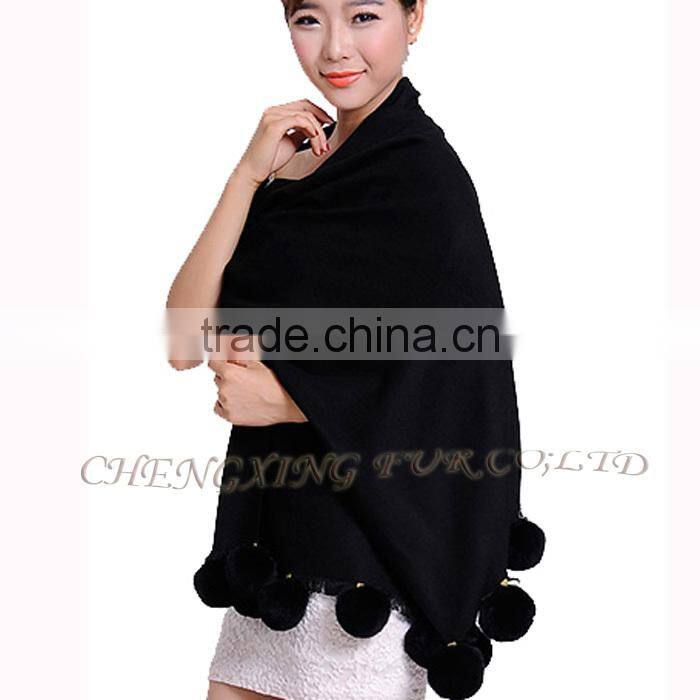 CX-B-P-42D Women Winter Genuine Mongolian Sheep Rabbit Fur Trim Pashmina Shawls With Fur