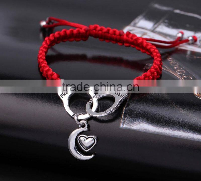 Diy woven key lock charms bracelet red cord braided handcuffs bracelet cheap couple bracelets for 2016 promotional items