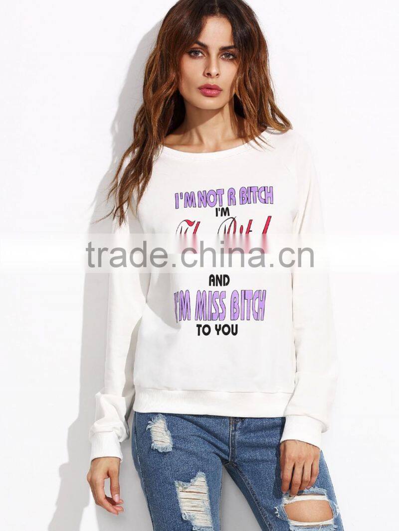 White Slogan Print Raglan Sleeve Sweatshirt Round Neck 100 French Terry Printed Sweatshirt Custom Logo Whosale