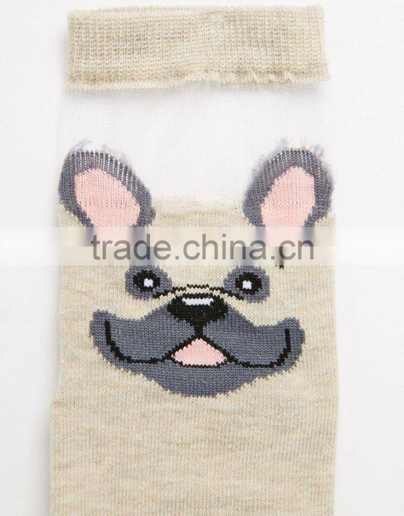 custom wholesale pug sheer panel socks ribbed cuff opening socks