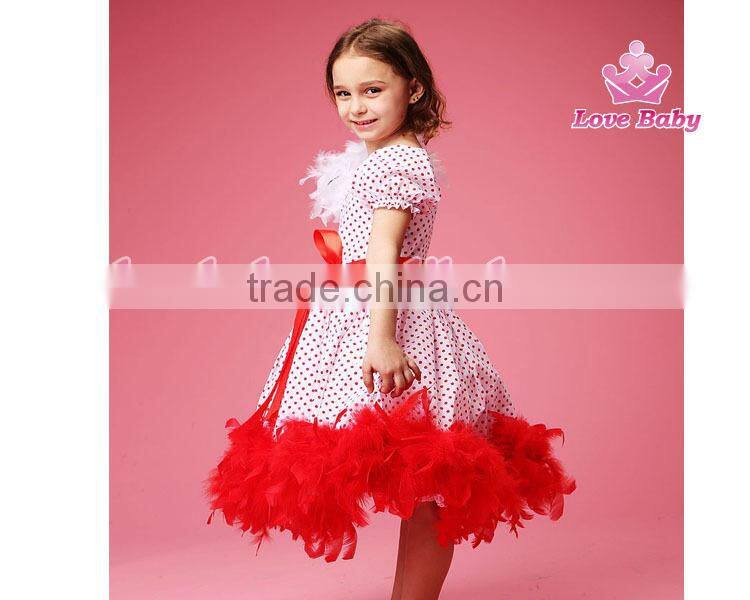 Fashion Red Polk Dot Dress Feather on Shoulder Wedding Tutu Dress for Child Girls