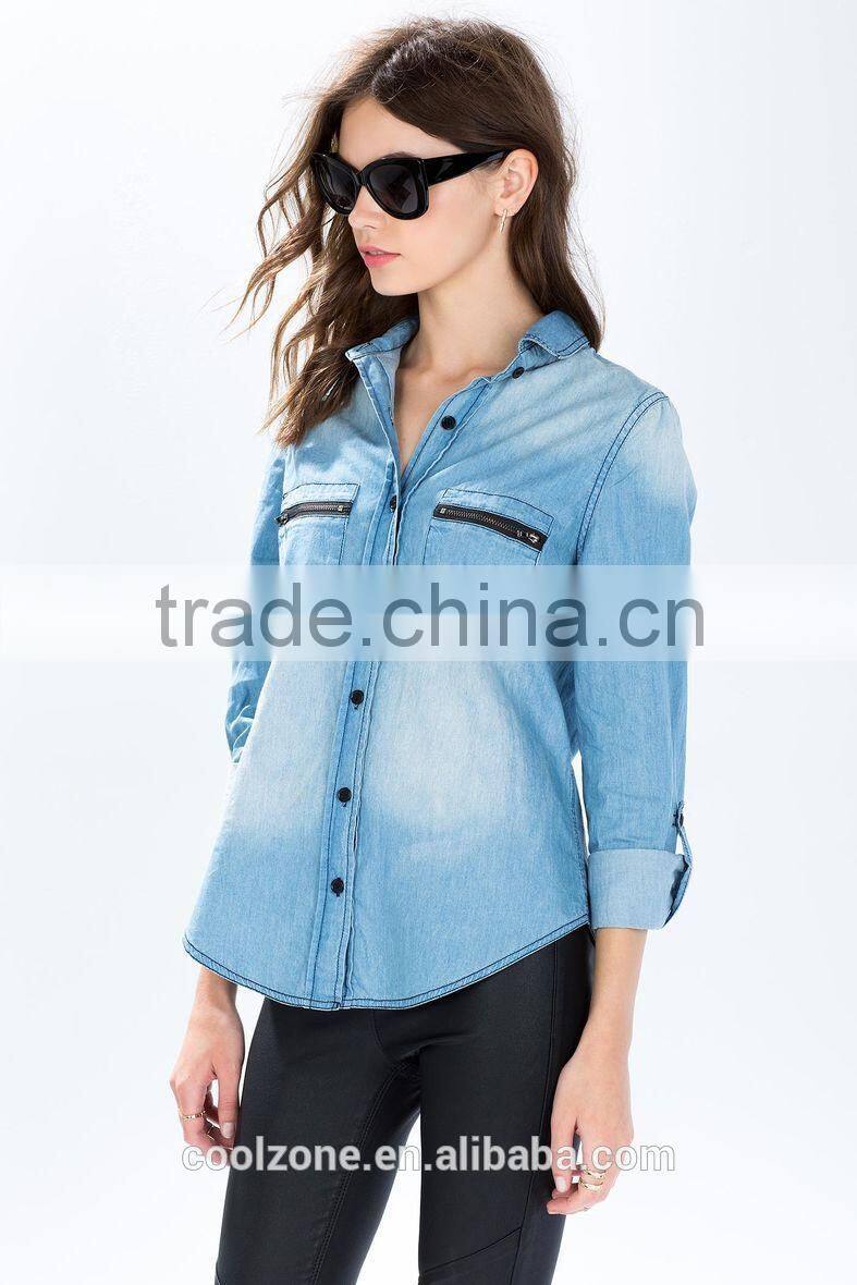 Classic pointed collar faded wash denim shirt wholesale woman shirt with double chest pockets