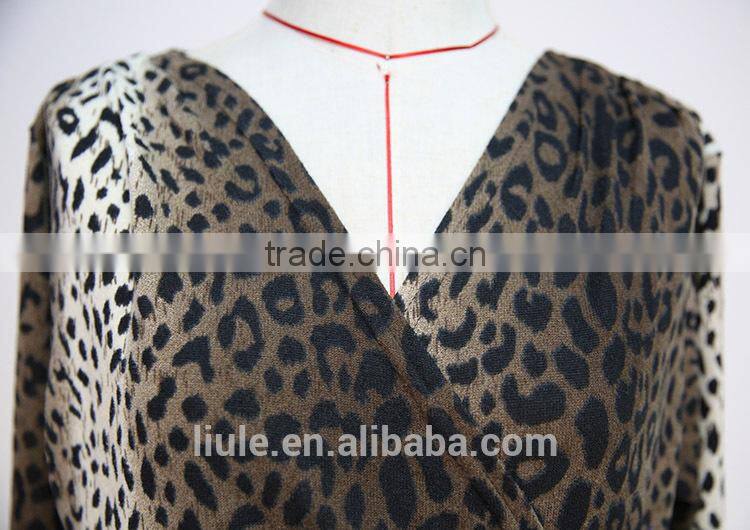 sexy deep v neck leopard printed irregular hem long sleeve dress short ladies night robe
