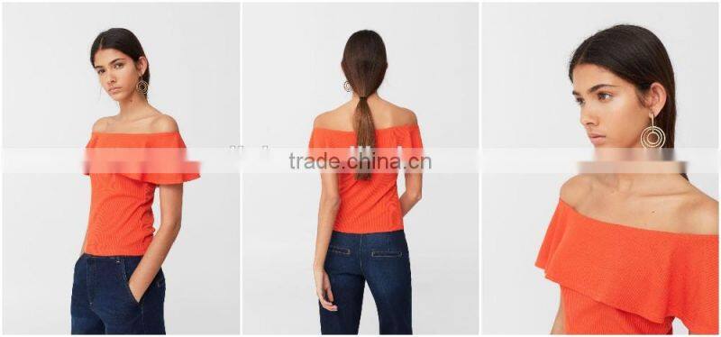 New arrivals fashion striped ruffled trim accordion pleated mature ladies blouse