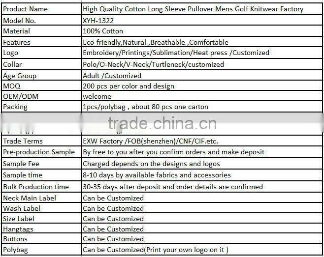 High Quality Cotton Long Sleeve Pullover Mens Golf Knitwear Factory