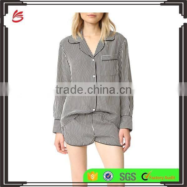 High quality smooth ladies pajamas fashion long sleeve women silk striped pajamas