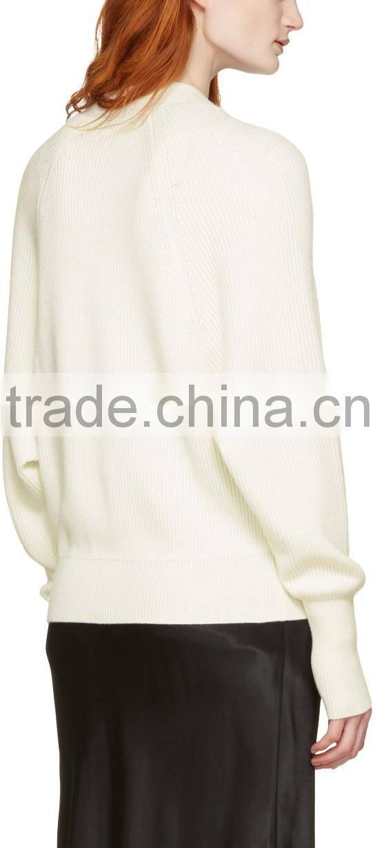 Raglan Sleeve Y-Neck Collared Ivory White Rib Knit Cashmere Cardigan for Women
