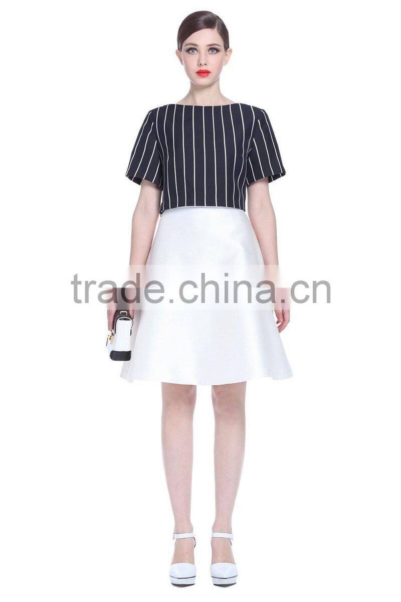 2016 ladies cotton/polyester navy strip thick formal short sleeve shirt/blouse