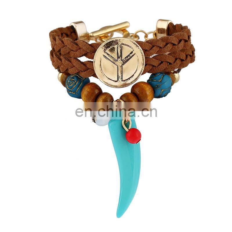 Fasion Caribbean Bead Horn Ethnic Hand-weaved Leather Charm Bracelet