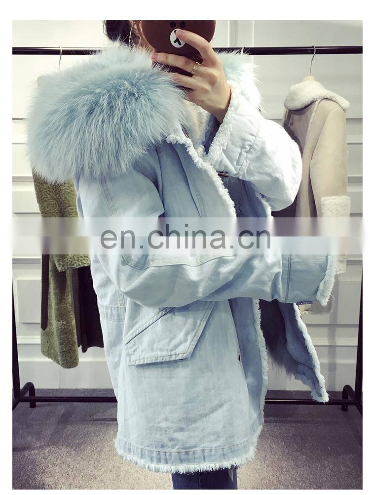 Custom High Fashion Lady Autumn and Winter Cheap Genuine Raccoon Fur Lining Women Jean Coat