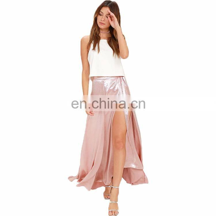 2016 Fashion Design Custom Casual Pink High Waist Skirts Latest Stain Ladies Maxi Long Skirt